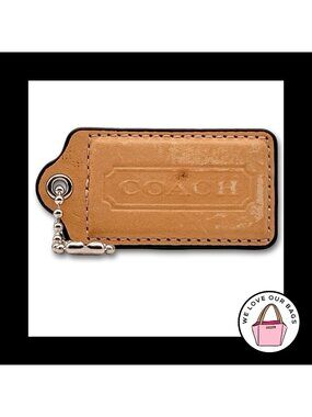 RARE 3" XL COACH Saddle Brown Leather Nickel Key Fob Bag Charm Keychain Hang Tag
